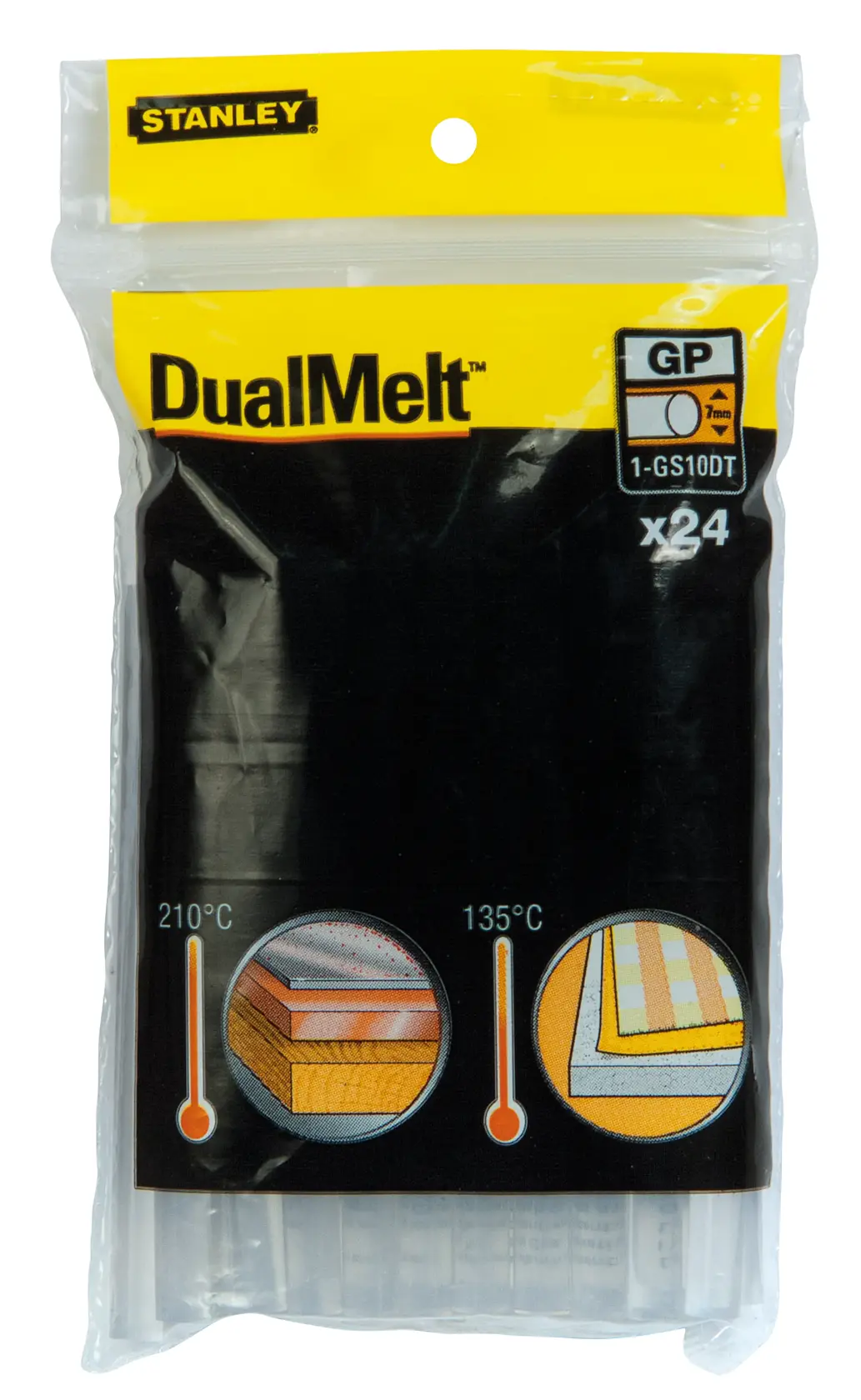 STANLEY GS10DT DualMelt glue sticks pack of 24, front view on white background.