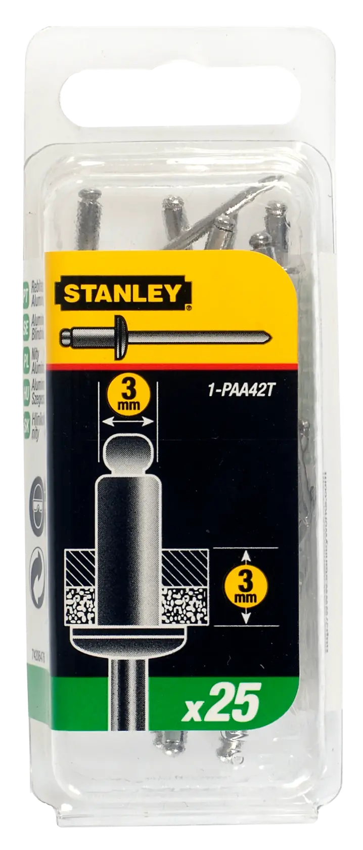 Stanley 3mm x25 pack aluminum rivets in clear plastic packaging, product code 1-PAA42T.