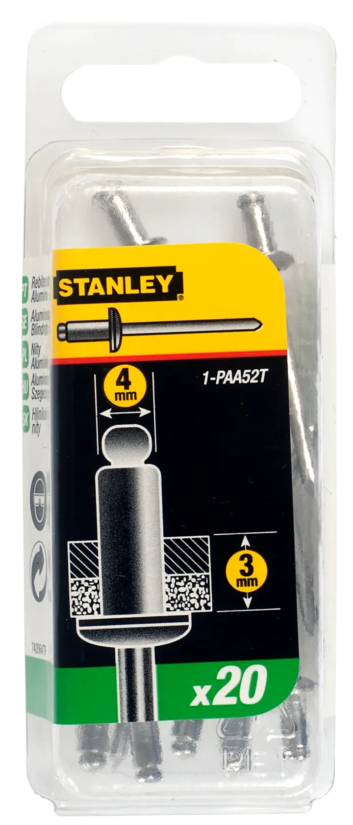 Stanley pack of 20 aluminum blind rivets, 4mm diameter, model 1-PAA52T, in a clear plastic package.