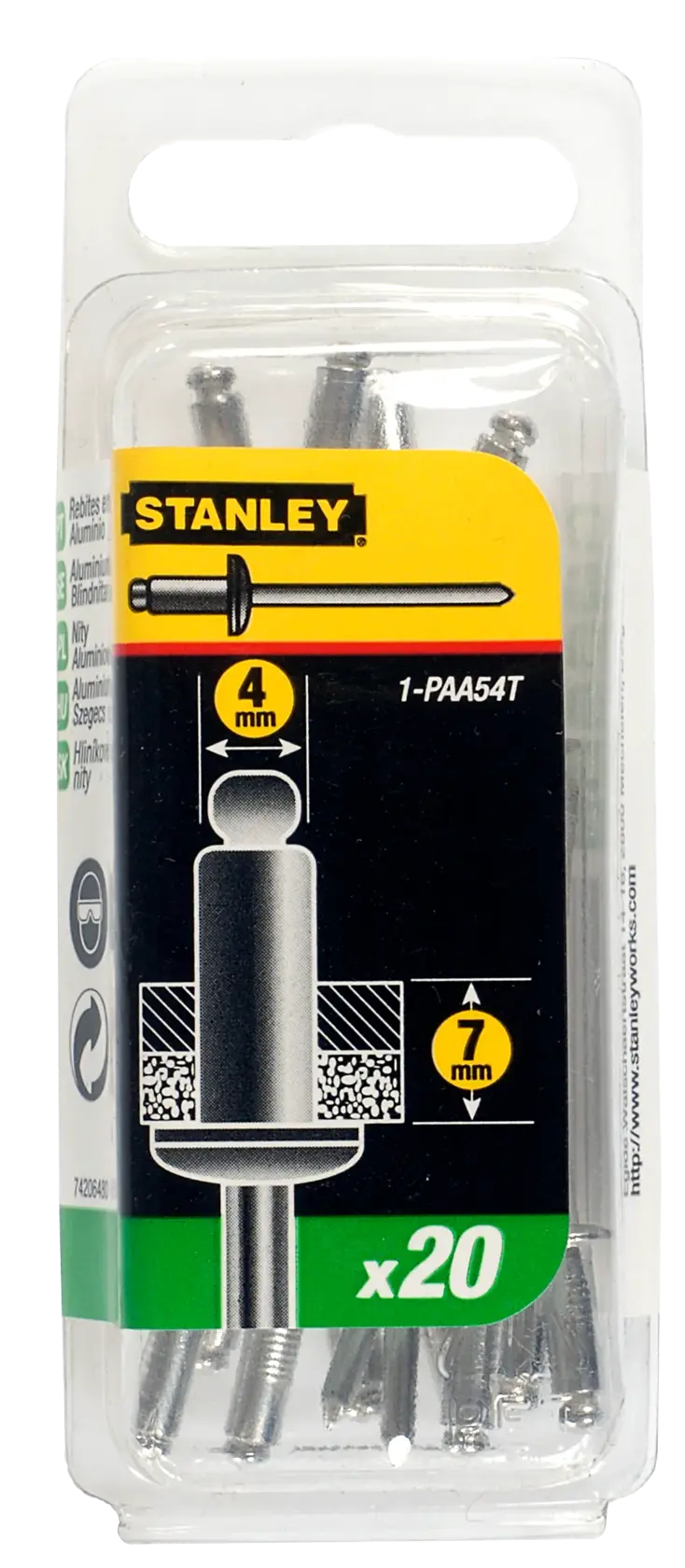 STANLEY 1-PAA54T aluminum blind rivets, 4mm x 7mm, 20-pack, product packaging front angle on white.