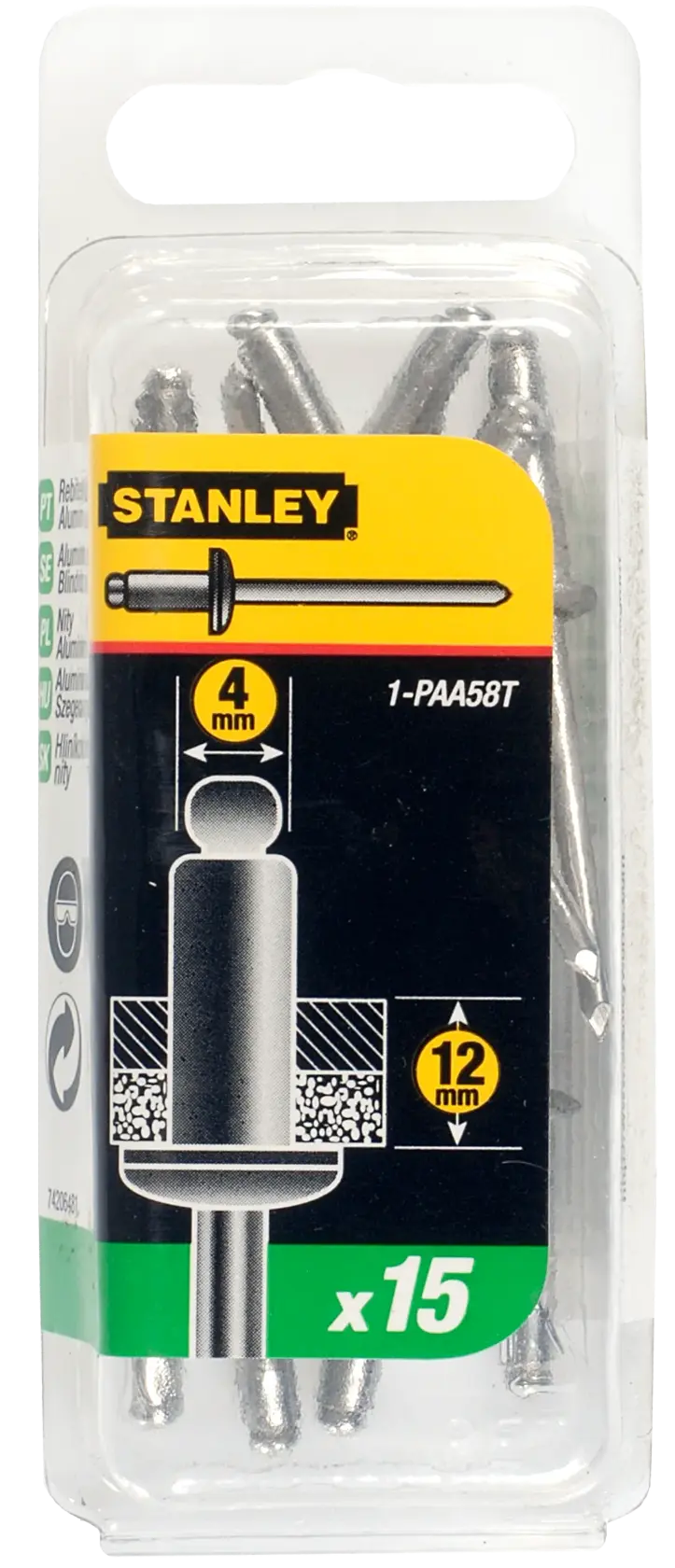 Stanley 1-PAA58T pack of 15 aluminium blind rivets, 4mm diameter and 12mm length, in clear plastic packaging.