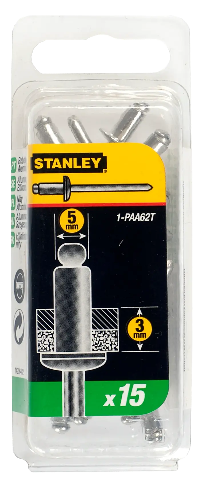 Photo of STANLEY 1-PAA62T aluminum rivets pack, 5mm x 3mm, 15 pieces, front view on white background.