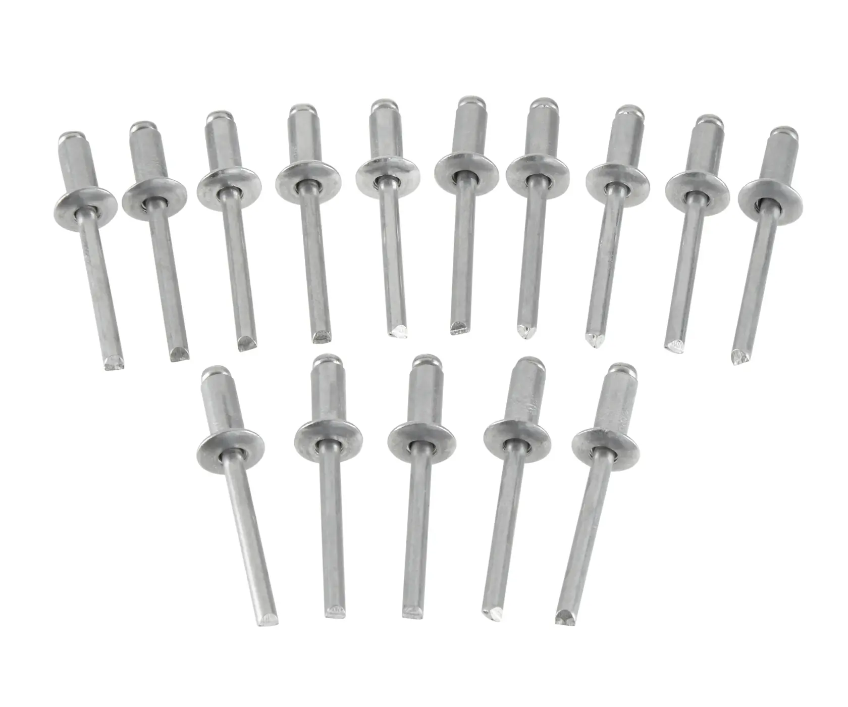 Set of fourteen silver metal pop rivets arranged in two rows on a white background.