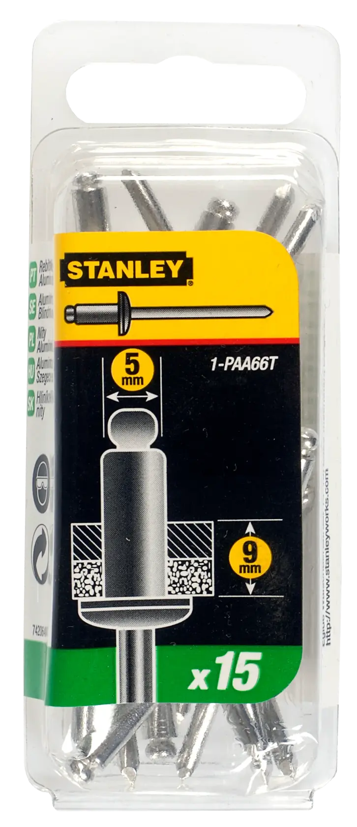 Photo of STANLEY 1-PAA66T pack of 15 metal rivets, 5mm diameter, in clear plastic packaging, front angle.