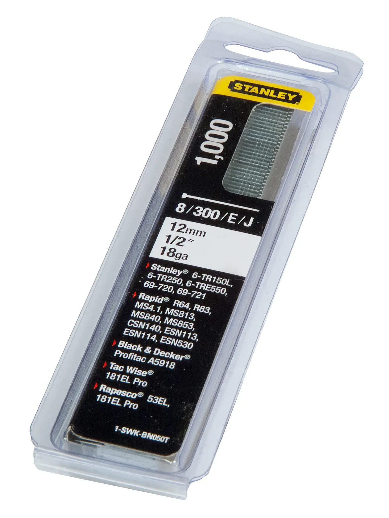 STANLEY 1-SWK-BN050T pack of 1000 12mm 18ga brad nails, photography, angled view on white background.