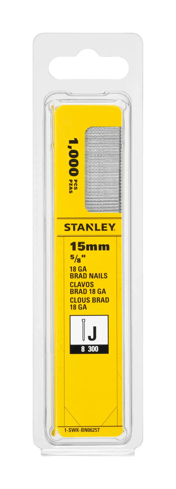 STANLEY 1-SWK-BN0625T pack of 18 gauge, 15mm brad nails in clear blister packaging, product photography front view.