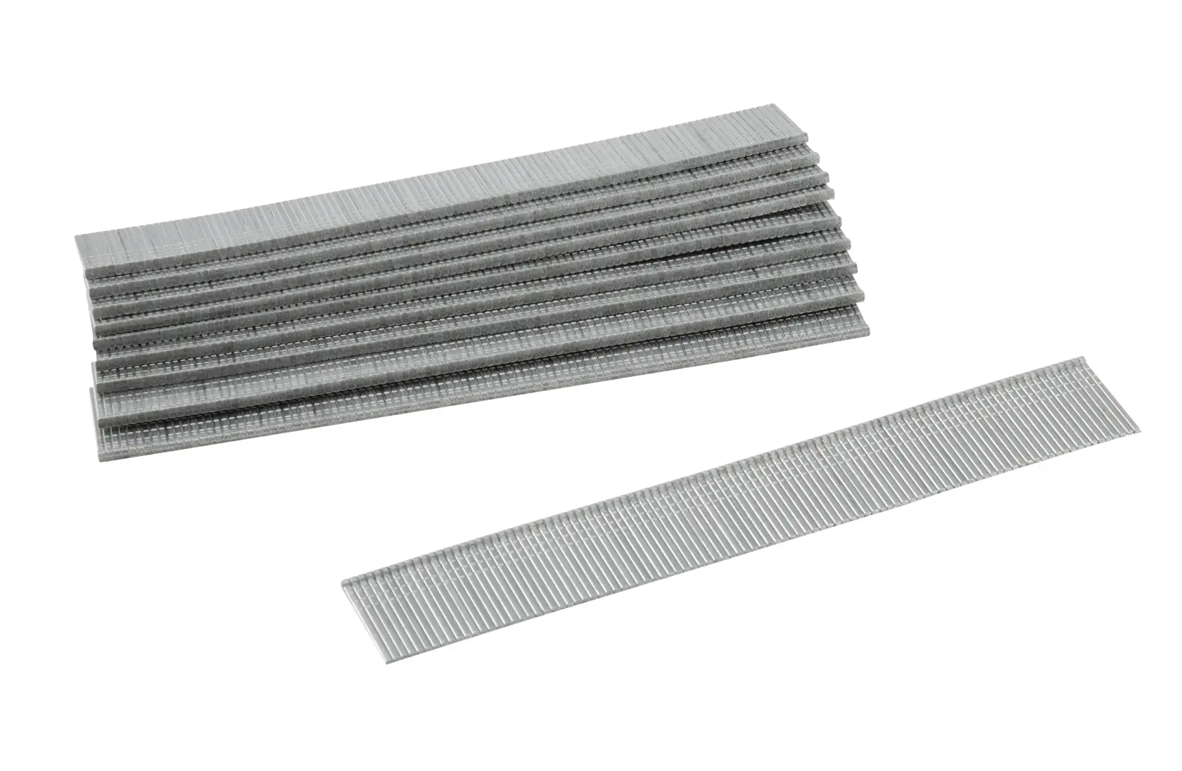 A stack of silver metal staples and one separated strip, displayed on a white background.