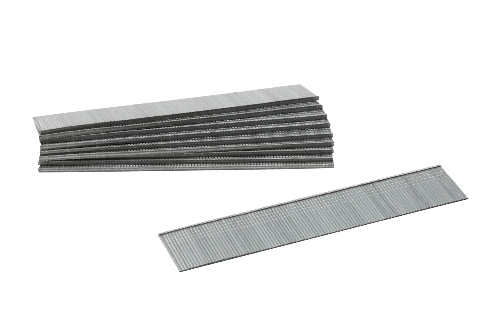 Photo of STANLEY 1-SWKBN100T brad nails, silver color, stacked strips, shown on white background, photography product.