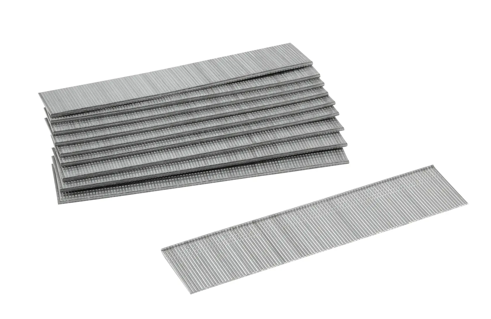 Close-up of stacked metallic strips of nails for a nail gun on a white background.