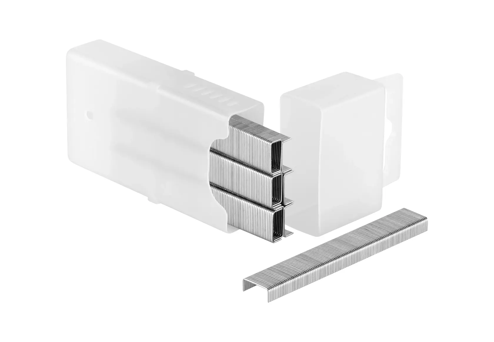 STANLEY 1-TRA202T pack of silver staples in a white plastic case, shown at an angle on white background.