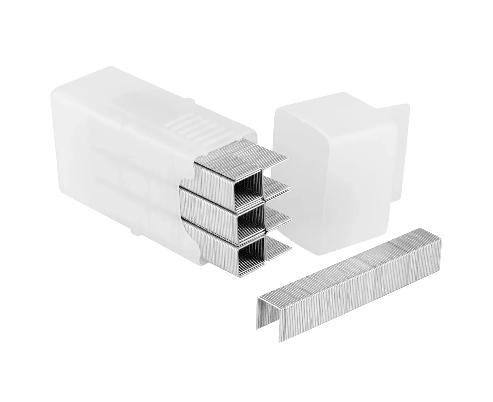 STANLEY 1-TRA208T silver staples in open white plastic box, side angle, one staple strip in front.