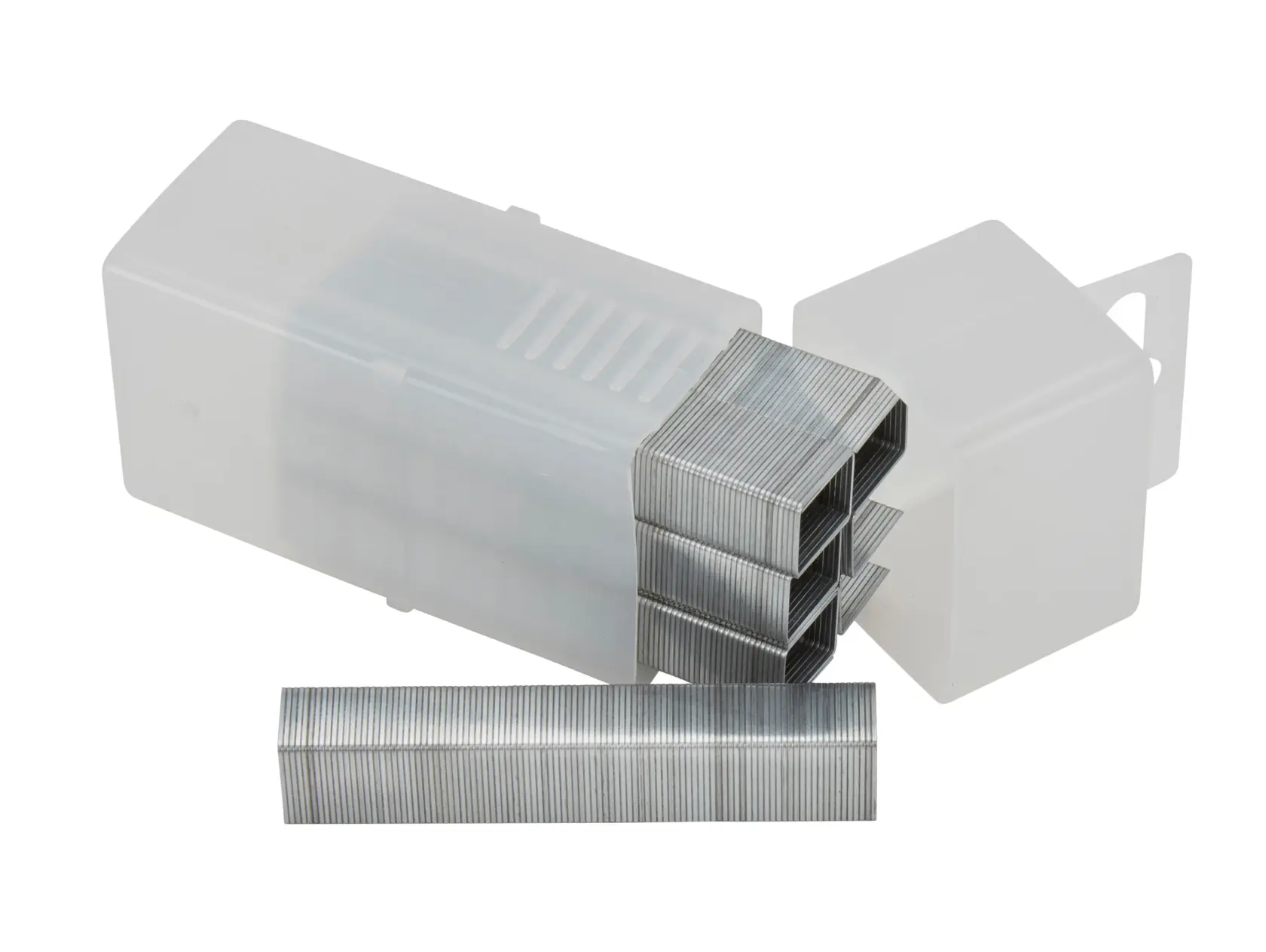 Box of metal staples for a stapler, shown stacked and partially out of a plastic container.