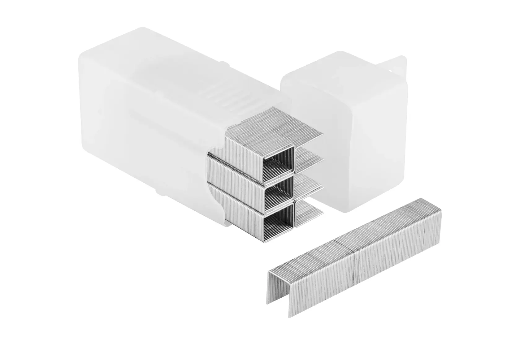 Box of metal staples with several staple strips shown beside the container on a white background.