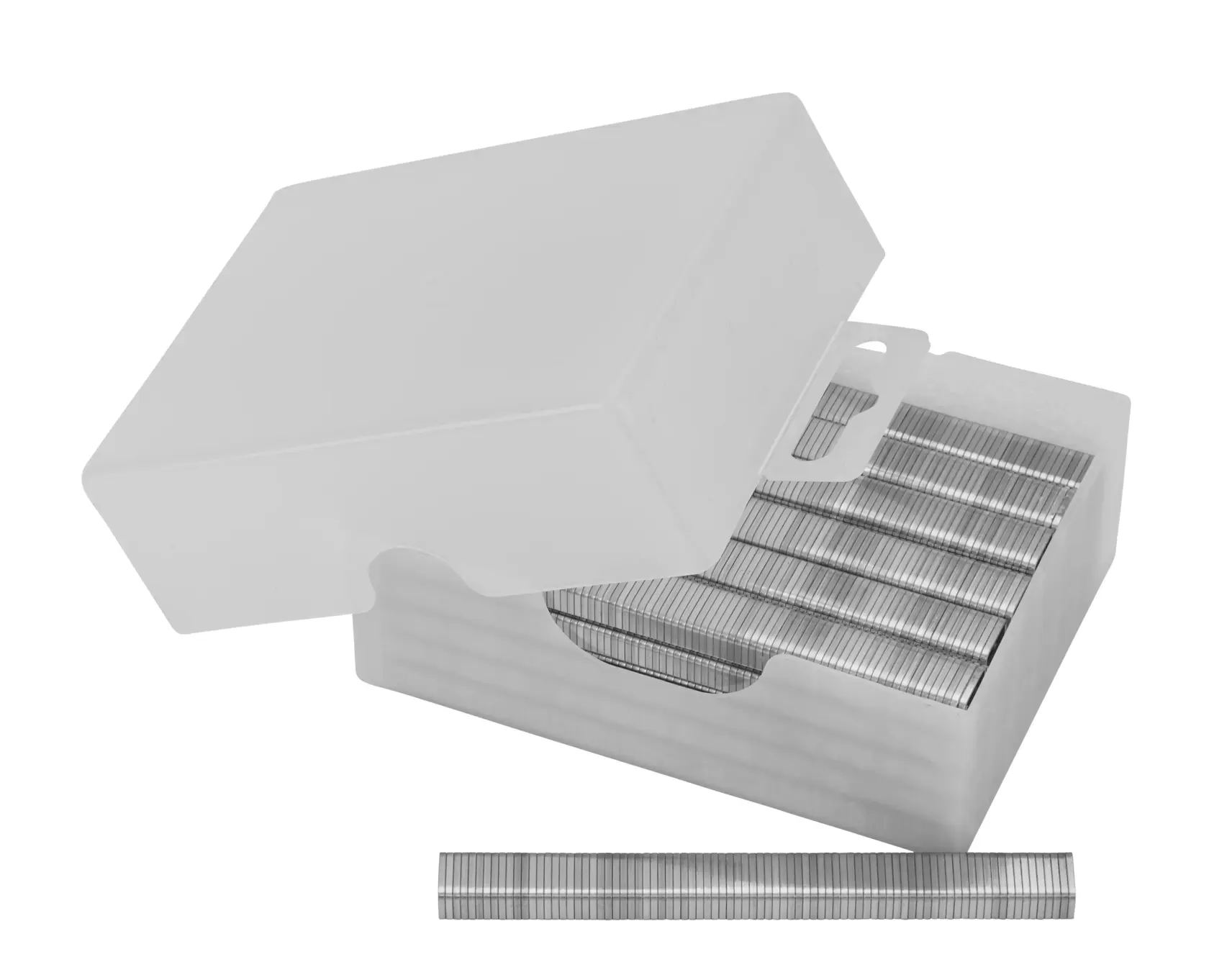 Box of silver staples with lid open, showing rows of staples and one row placed outside in front.