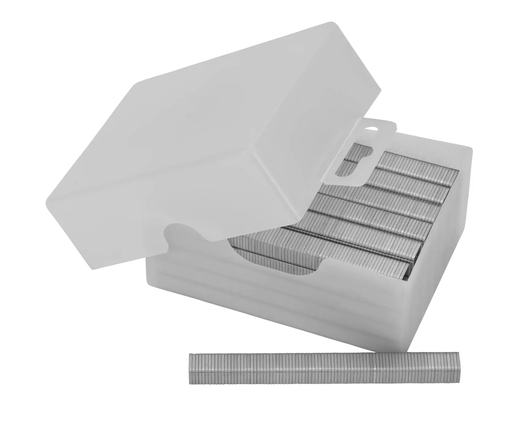 STANLEY 1-TRA705-5T box of silver staples for staplers, front angle, photography on white background.