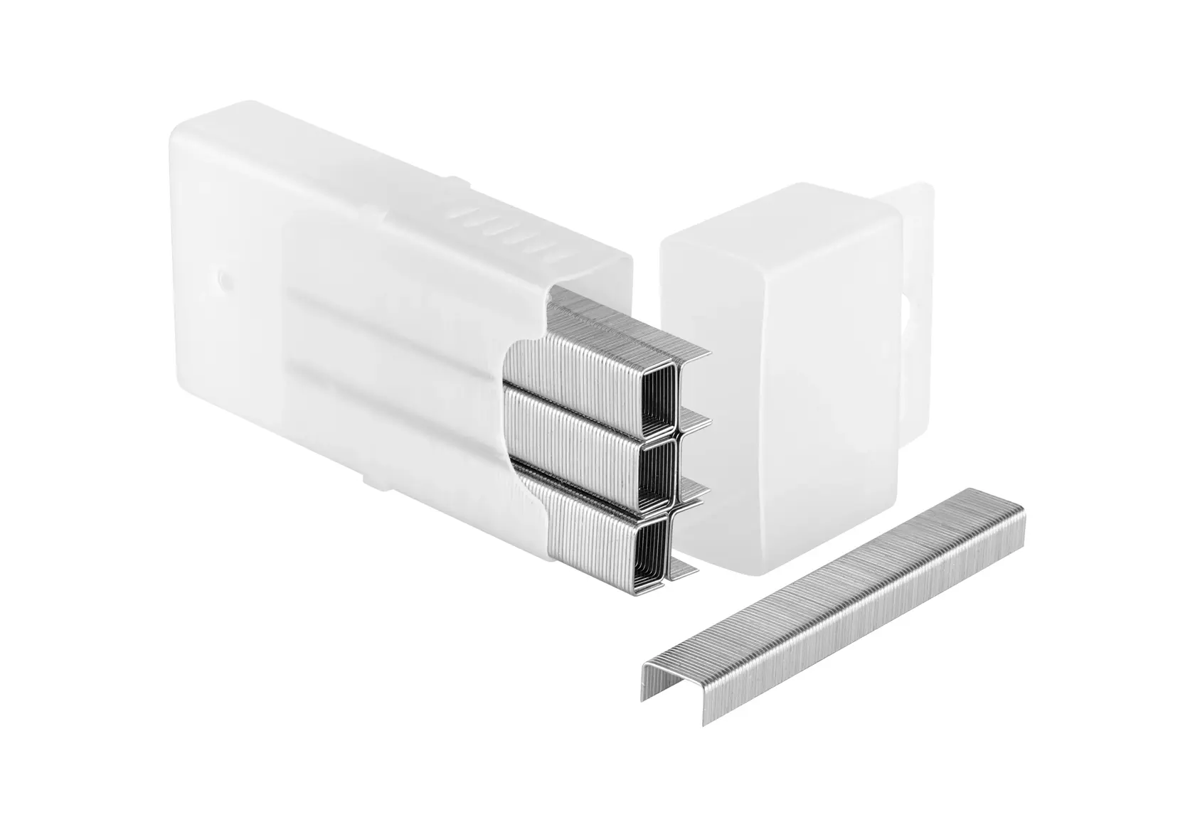 Pack of silver metal staples with a white plastic case, suitable for use in staplers.