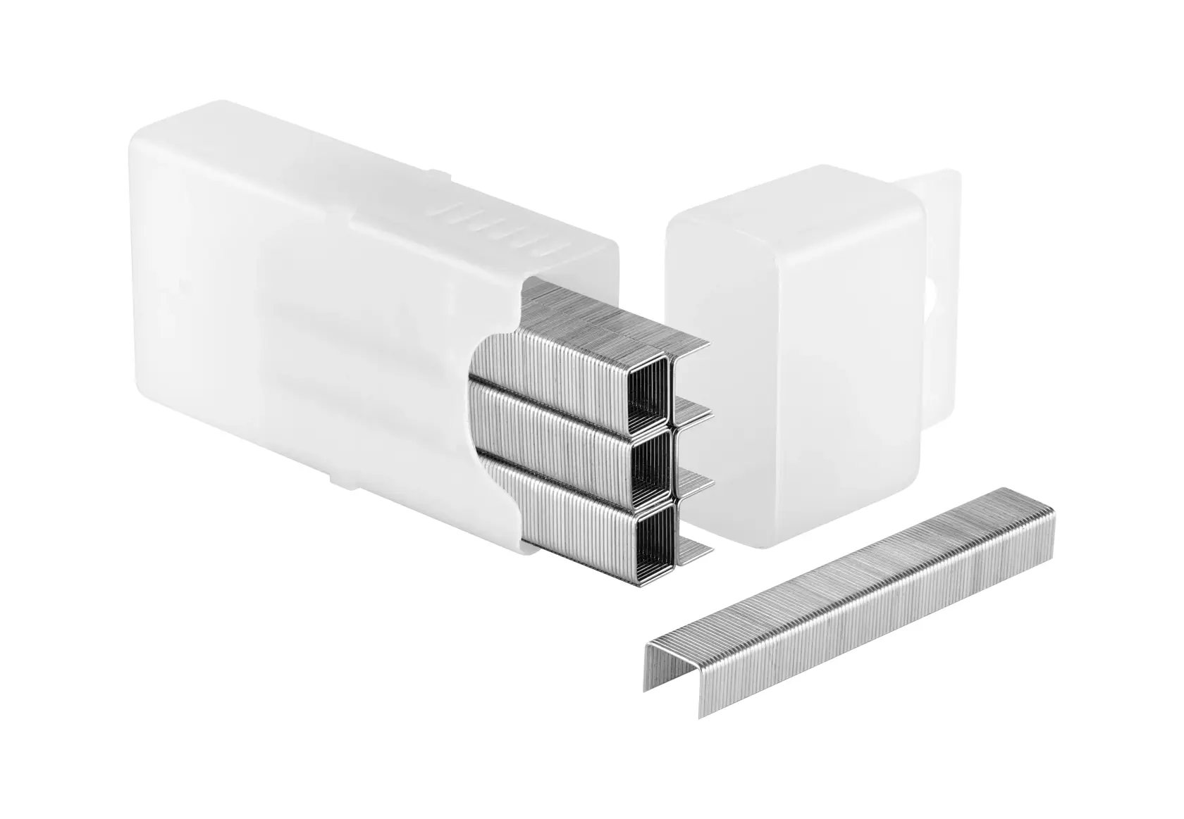 STANLEY 1-TRR135T silver staples in plastic case, product photography, angled view on white background.