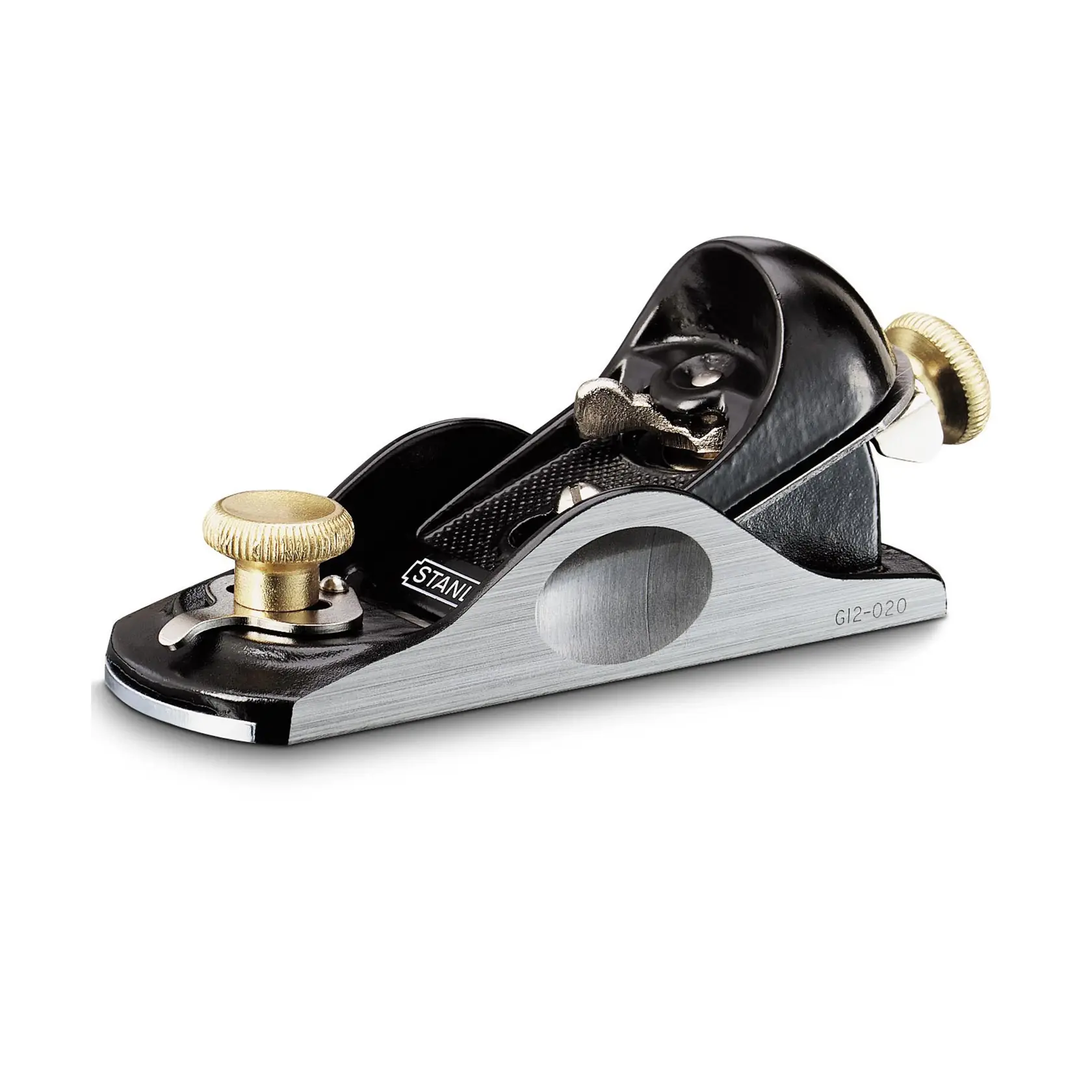 STANLEY 12-020 block plane with brass adjustment knobs, front angle, photography.
