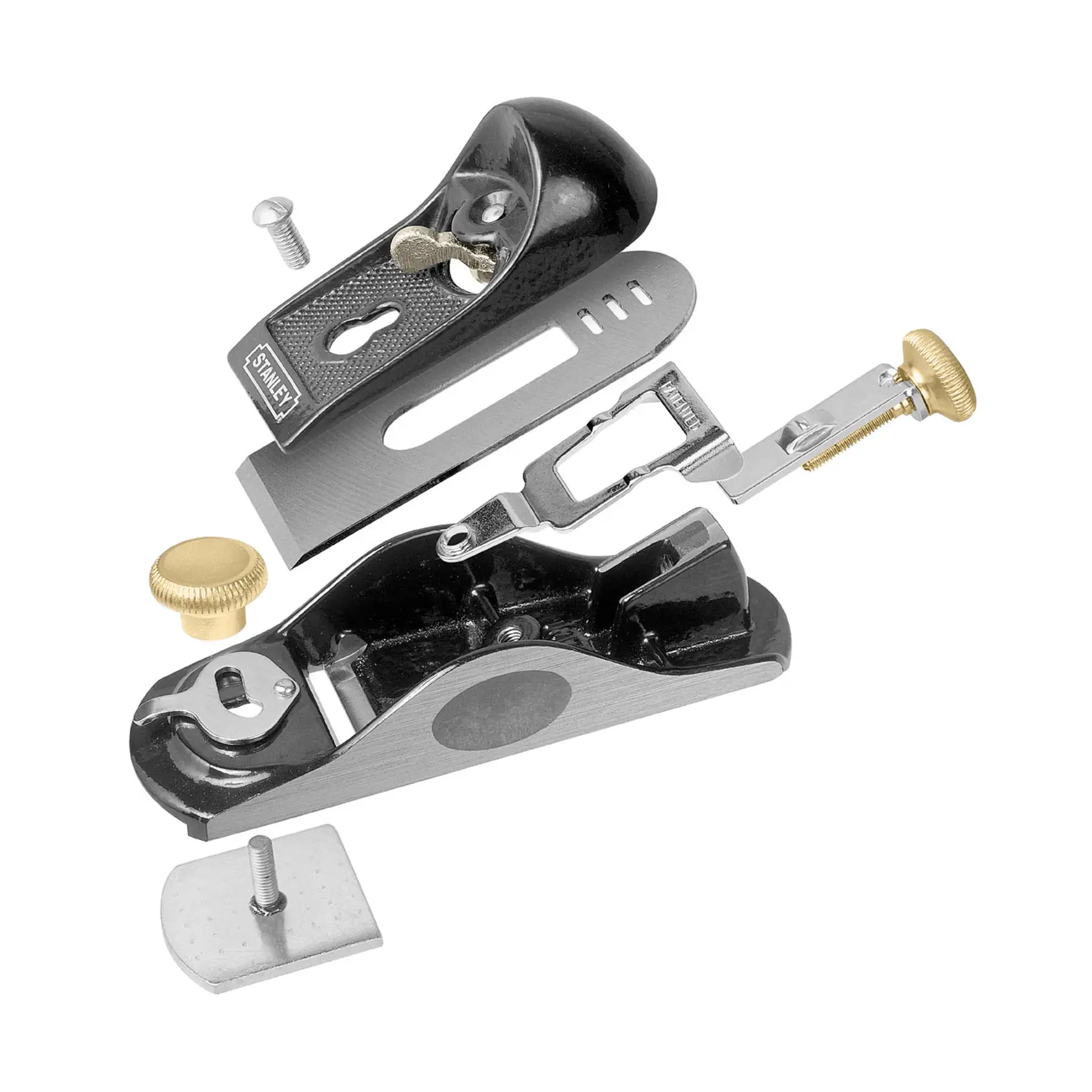 STANLEY 12-020 block plane disassembled, showing metal body, blade, adjustment knobs, and screws, top view.