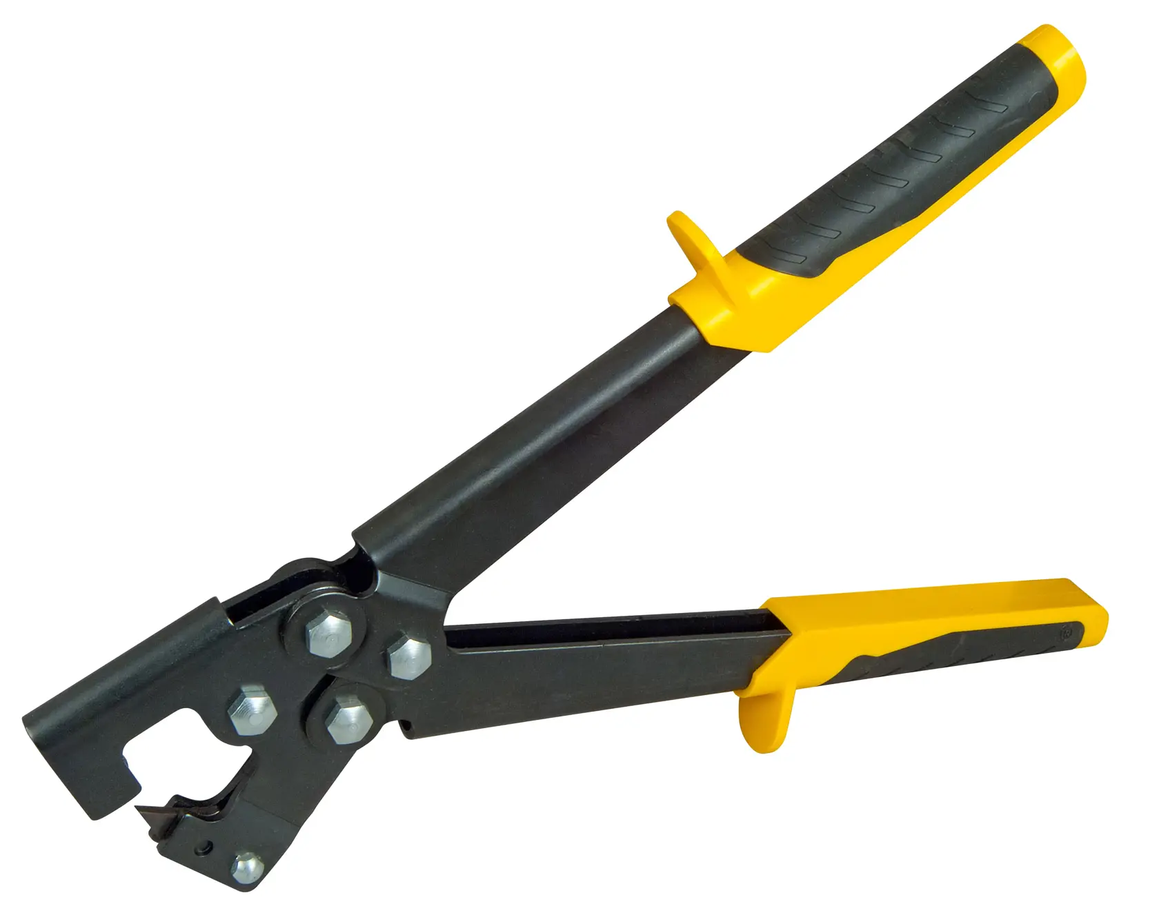 Stanley hand tool with yellow and black grip handles, used for crimping or fastening, isolated on white background.