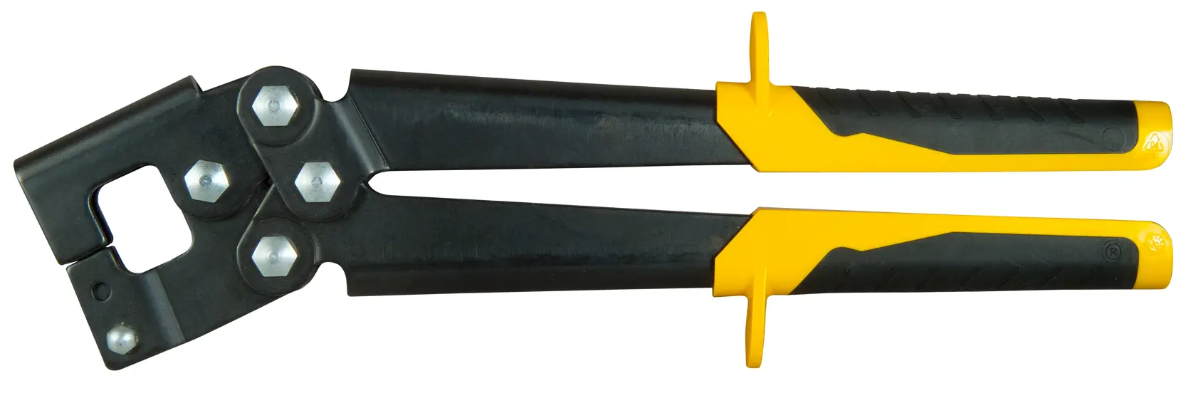 STANLEY 15-273 black and yellow bolt cutter with ergonomic handles, side view on white background.
