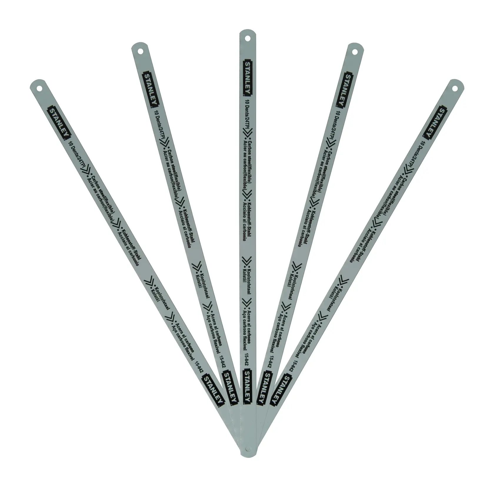 Photo of five STANLEY 1-15-842 hacksaw blades fanned out on white background, each blade with STANLEY branding.