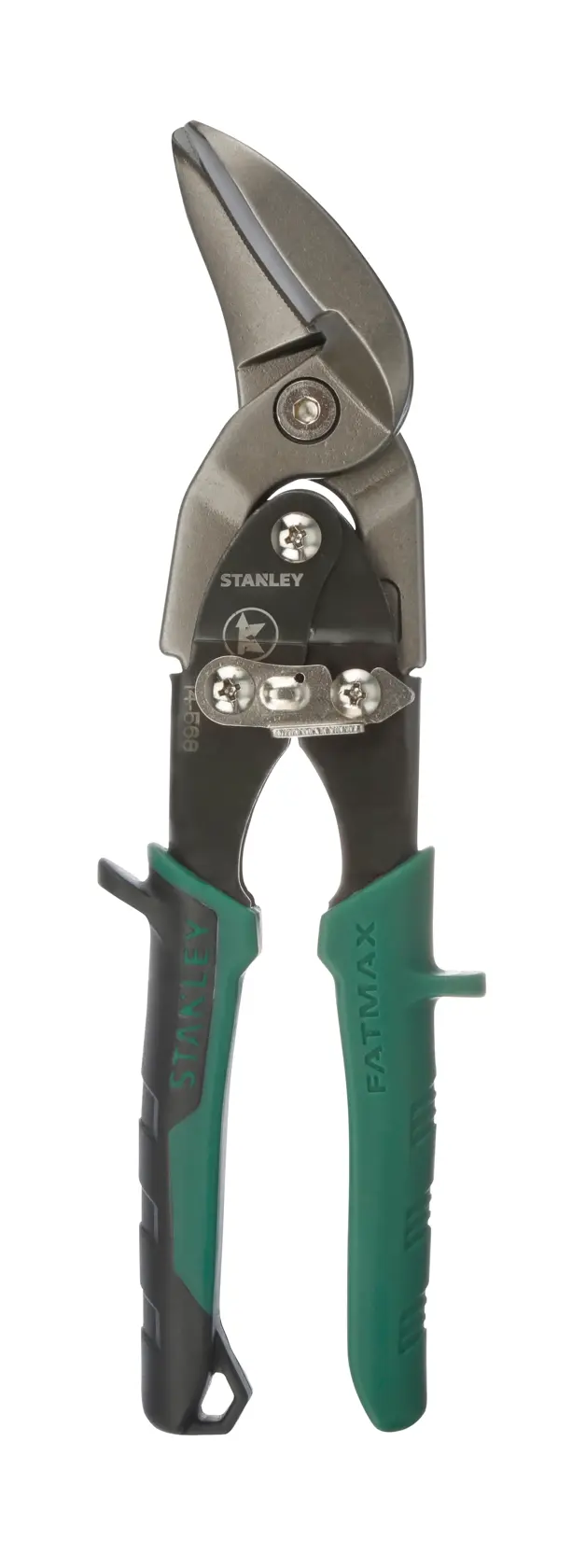 Stanley FatMax aviation snips with black and green handles for cutting sheet metal.