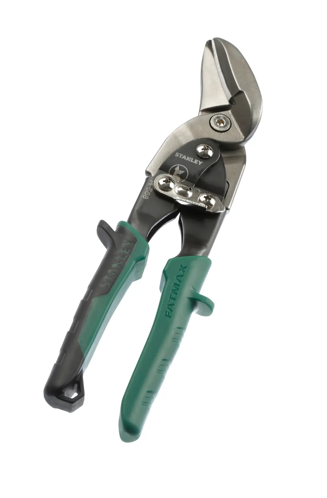 Stanley FatMax green-handled aviation snips for cutting metal, shown on a white background.