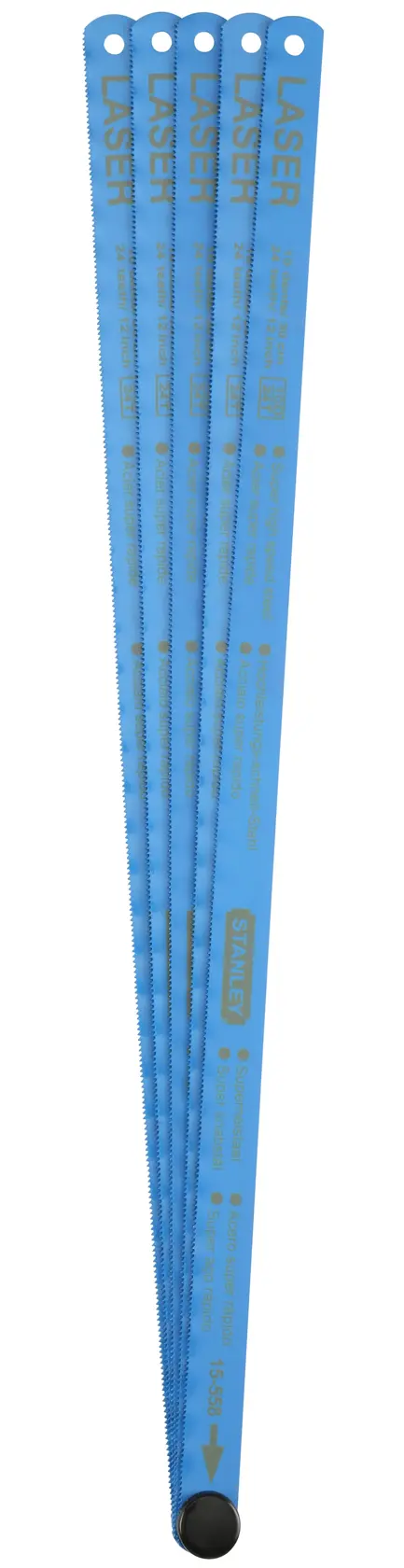 STANLEY 2-15-558 blue hacksaw blades set, pack of five, metal cutting tools, straight angle on white background.
