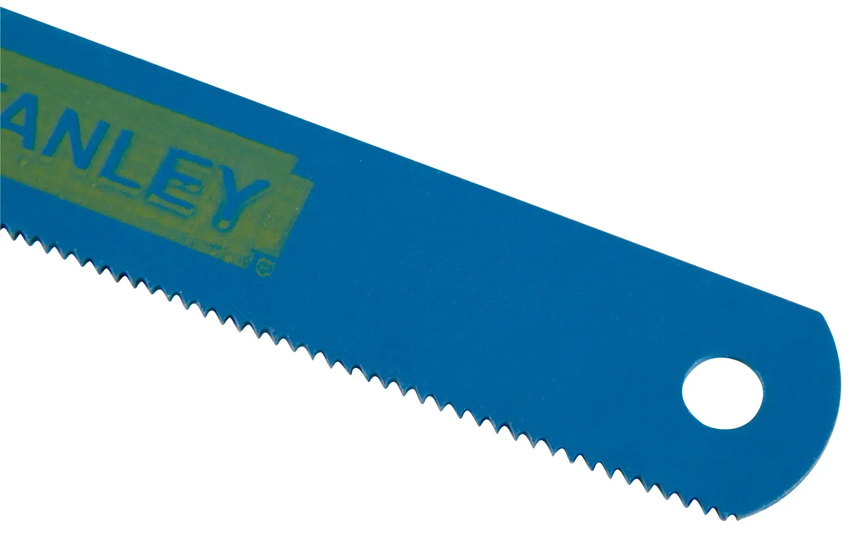 STANLEY 2-15-558 blue hacksaw blade segment with fine teeth, close-up angle, on white background.