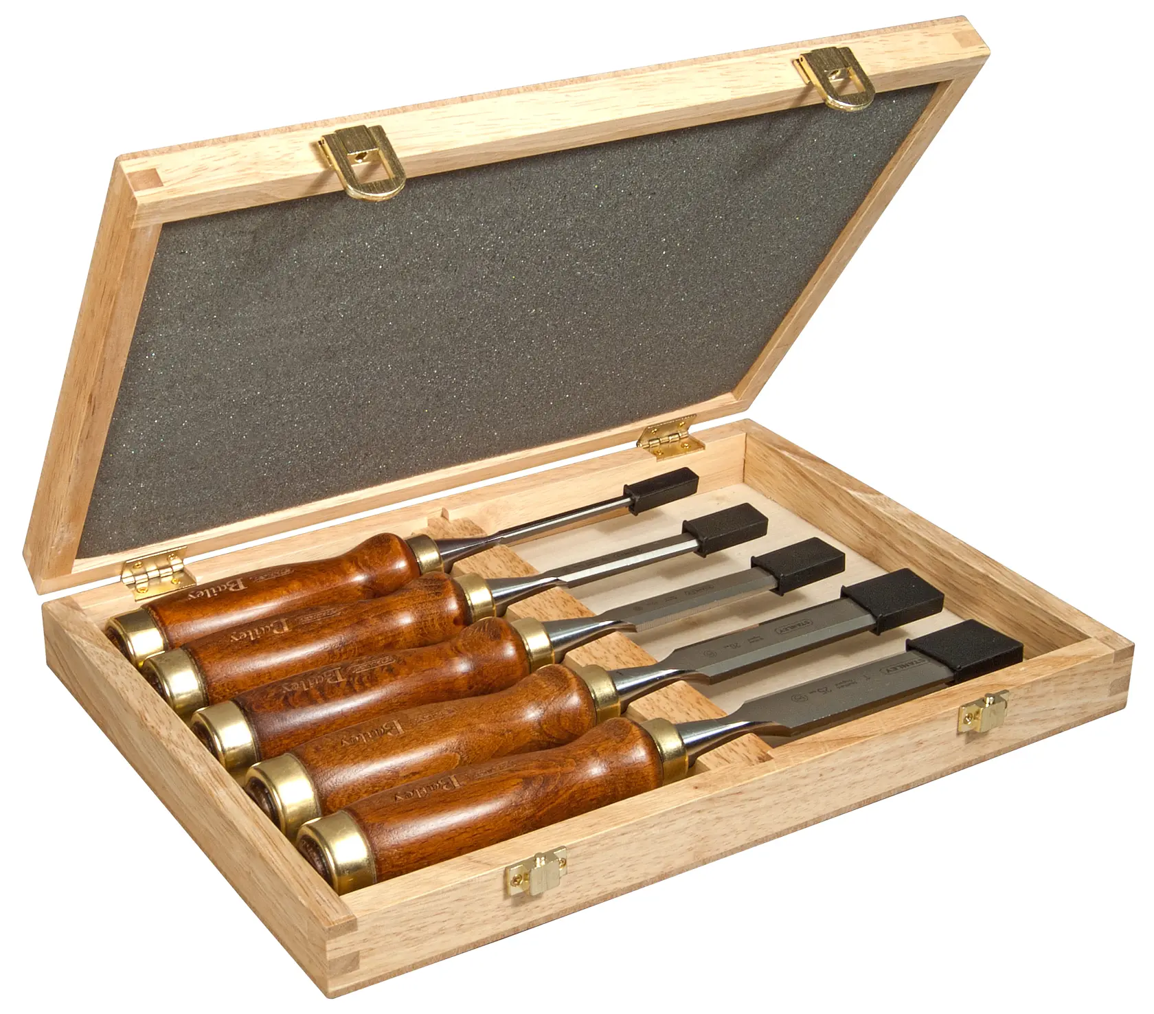 STANLEY 2-16-217 wood chisel set in wooden case, five chisels with polished wood handles, angled top view.