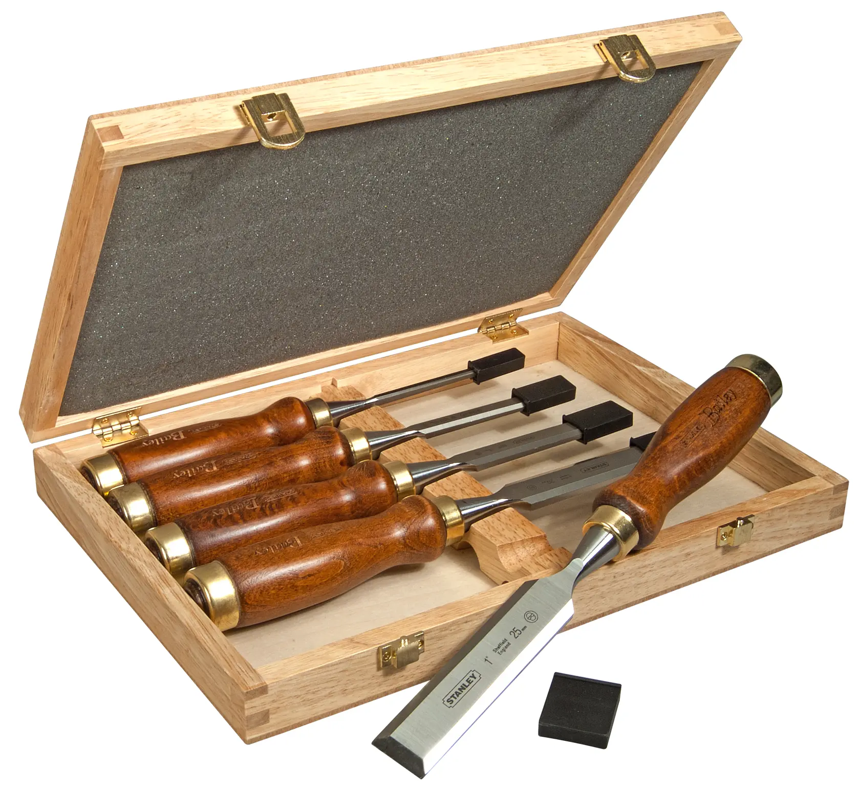 STANLEY 2-16-217 wood chisel set with four chisels, wooden handles, in an open wooden storage case, front angle.