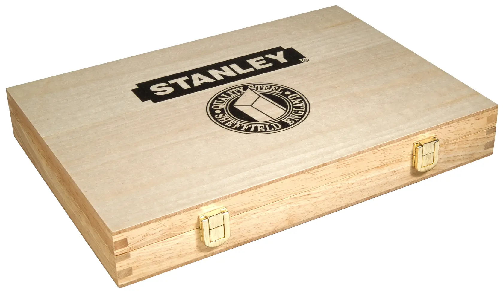 Stanley branded wooden box with gold latches, closed and used for storing tools or photography accessories.