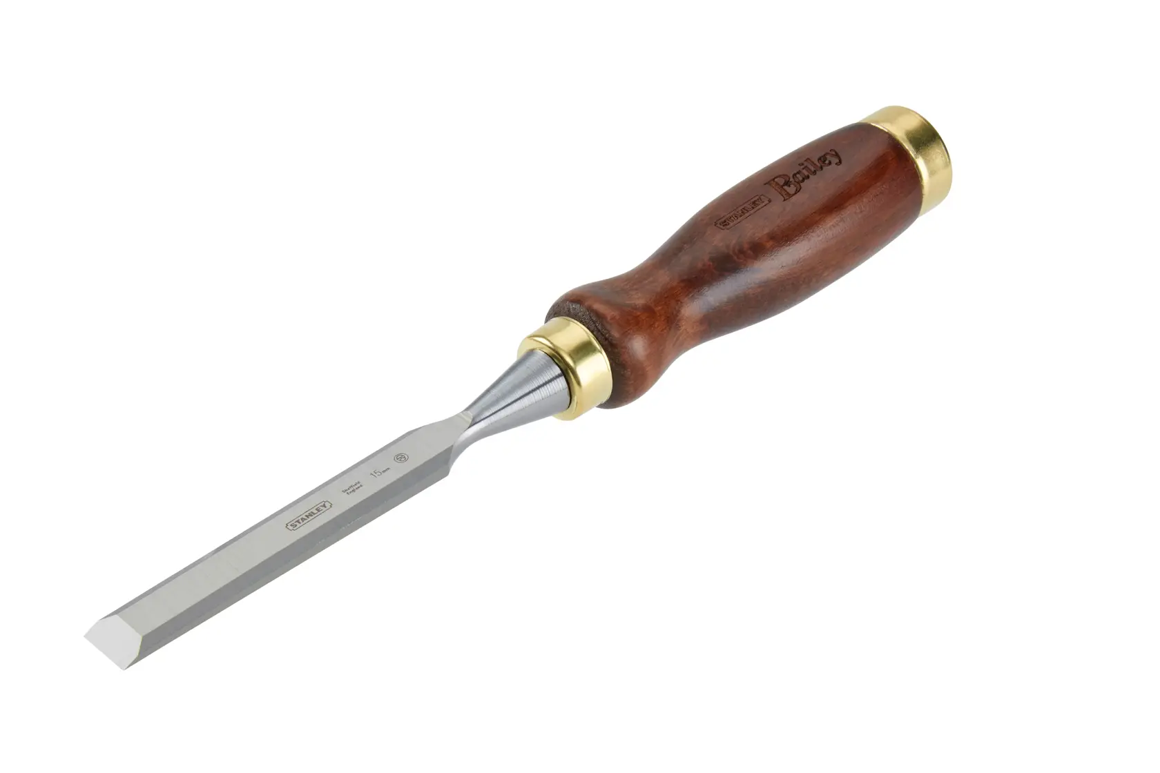 Wood handle chisel with brass accents and steel blade, used for woodworking and carving.