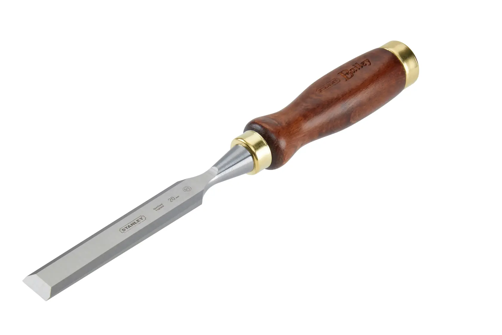 STANLEY 2-16-390 wood chisel with polished steel blade and brown wooden handle, angled product photo.