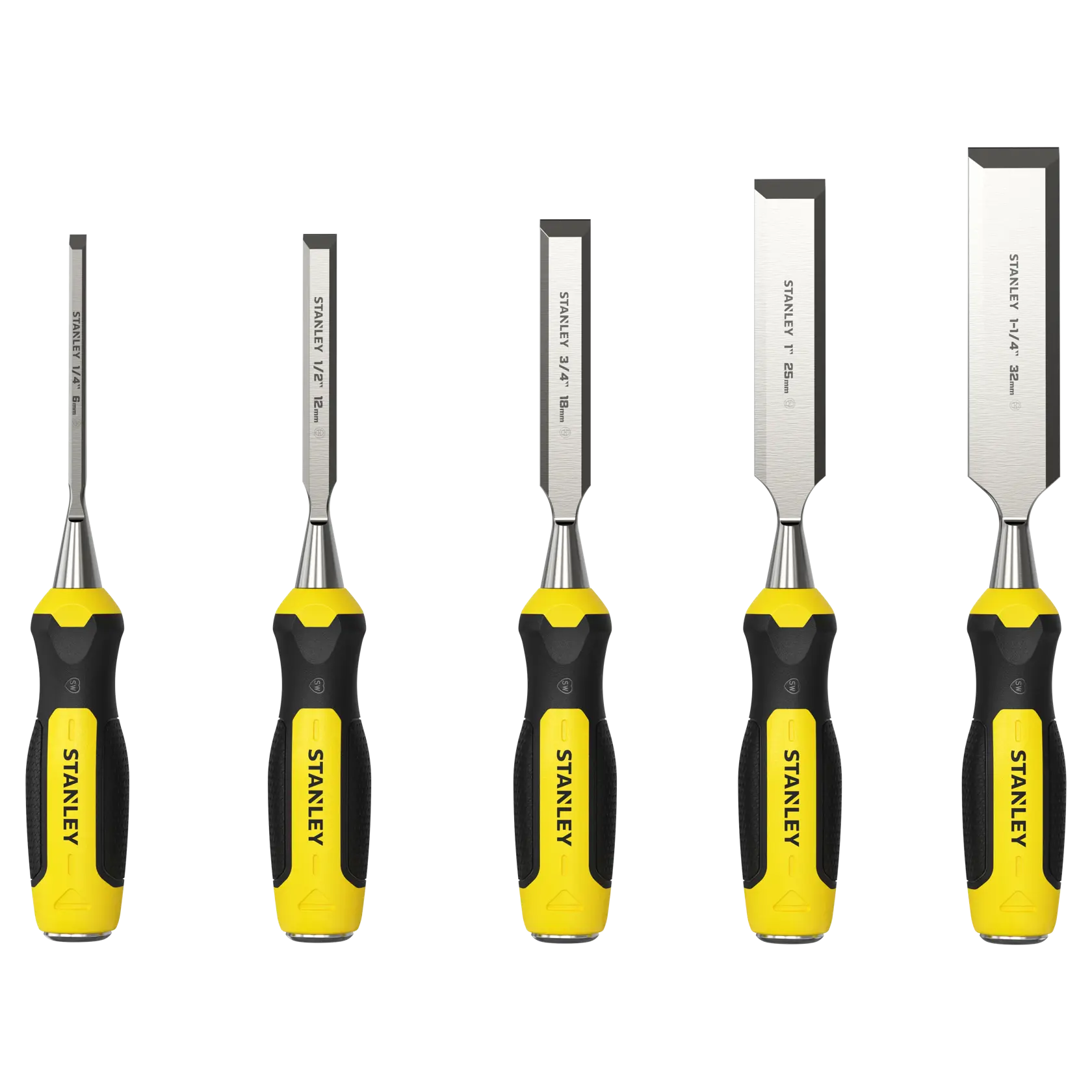 STANLEY 2-16-888 chisel set with five chisels, yellow and black handles, side angle, woodworking tools.