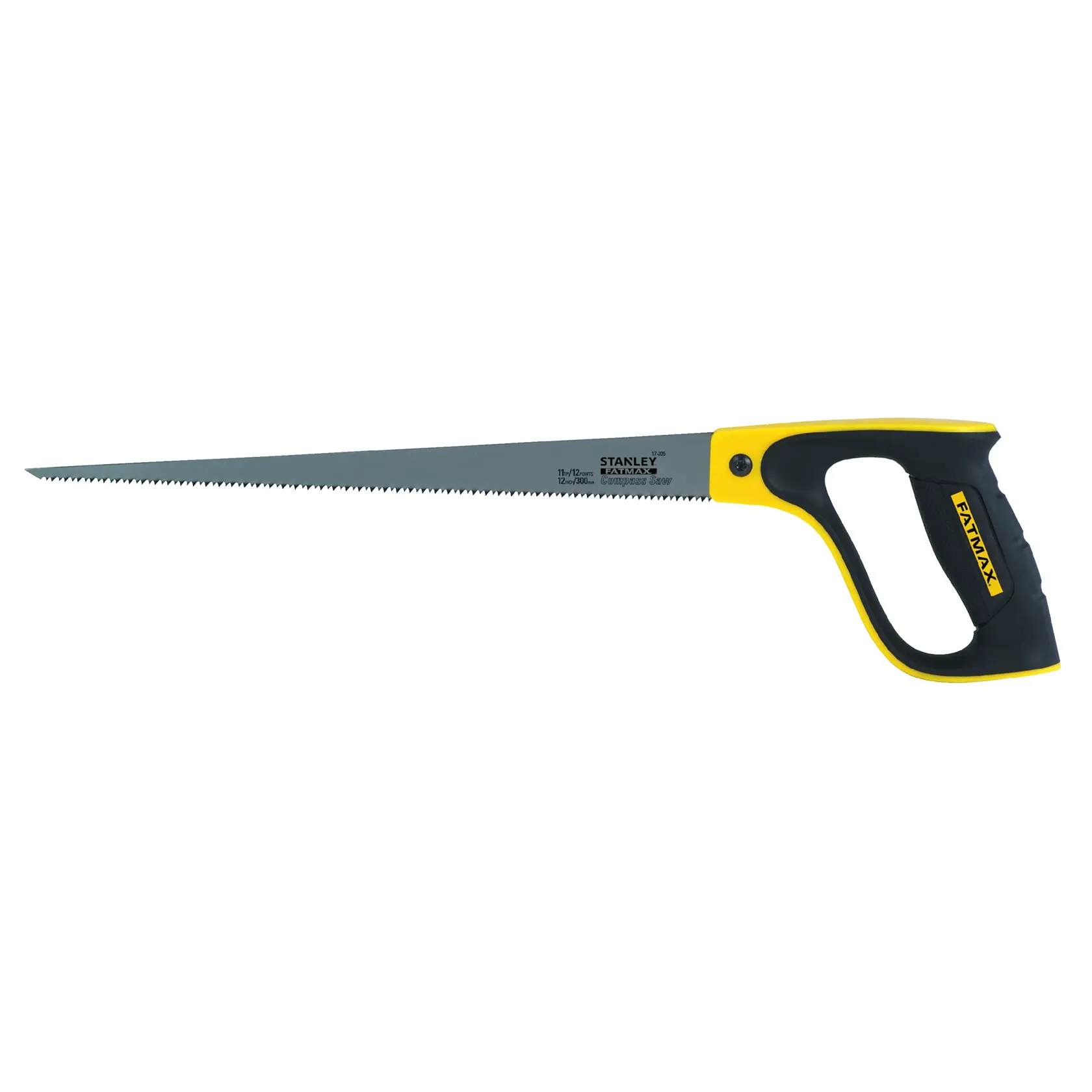 Stanley hand saw with a tapered blade and ergonomic black and yellow handle, suitable for woodworking tasks.