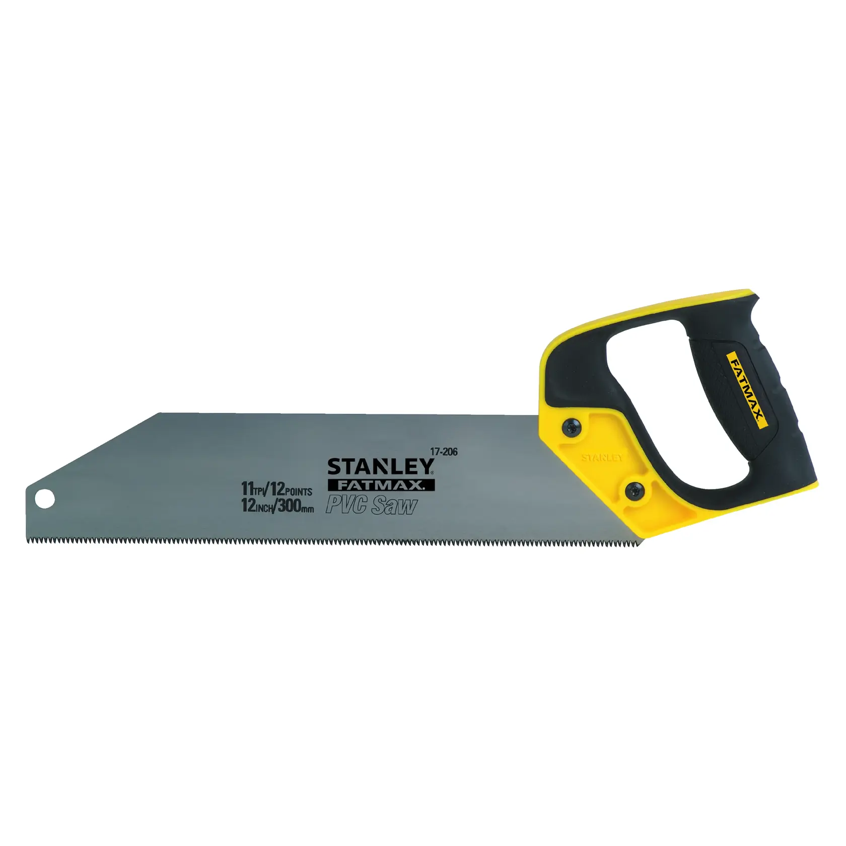 STANLEY 2-17-206 hand saw with yellow and black ergonomic handle, straight blade, side angle, photography product.