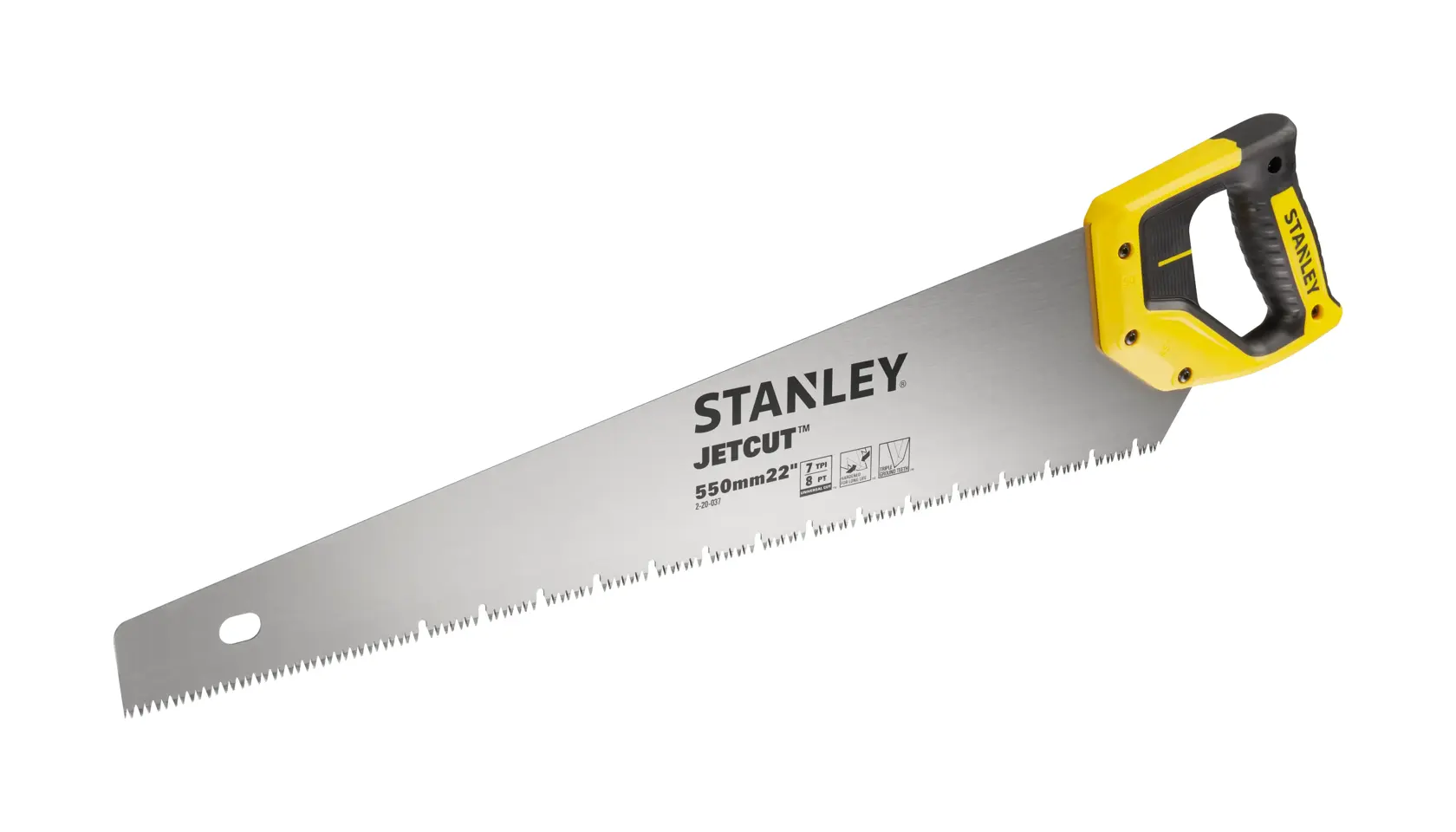 STANLEY 2-20-037 hand saw with yellow and black handle, side angle, white background.