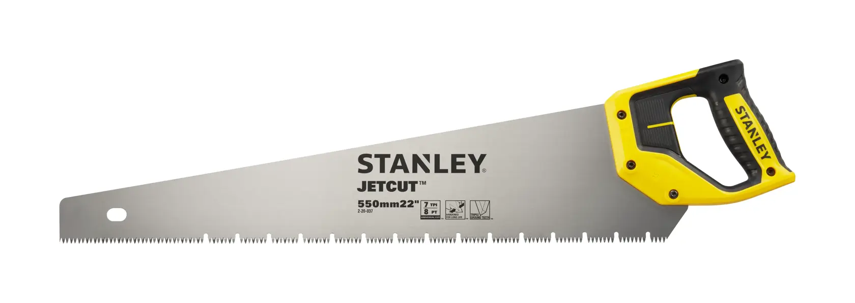 Stanley JetCut hand saw with yellow and black handle, 550mm 22 inch blade, used for cutting wood.