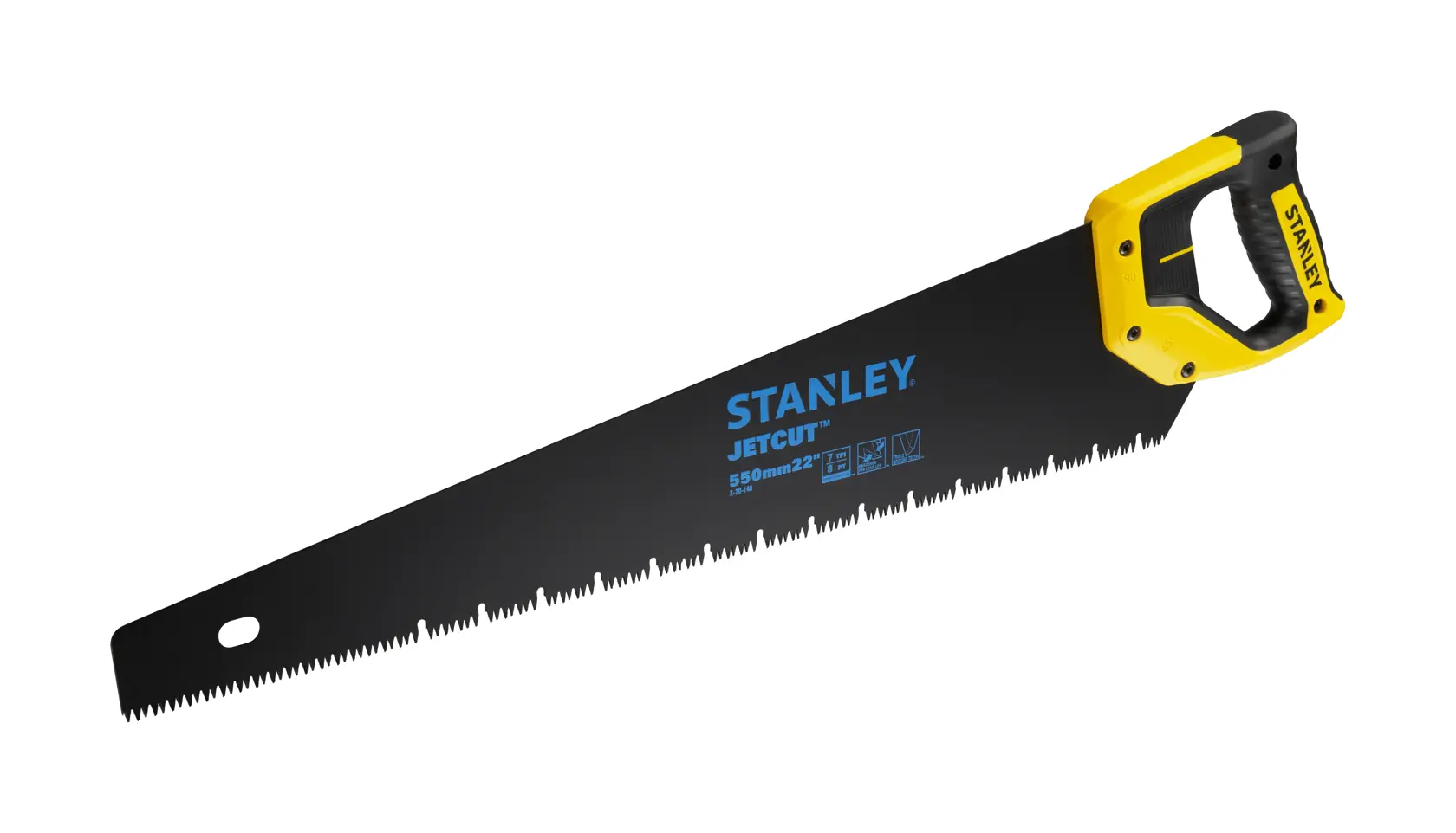 STANLEY 2-20-149 hand saw with black blade, yellow and black ergonomic handle, side angle, photography.