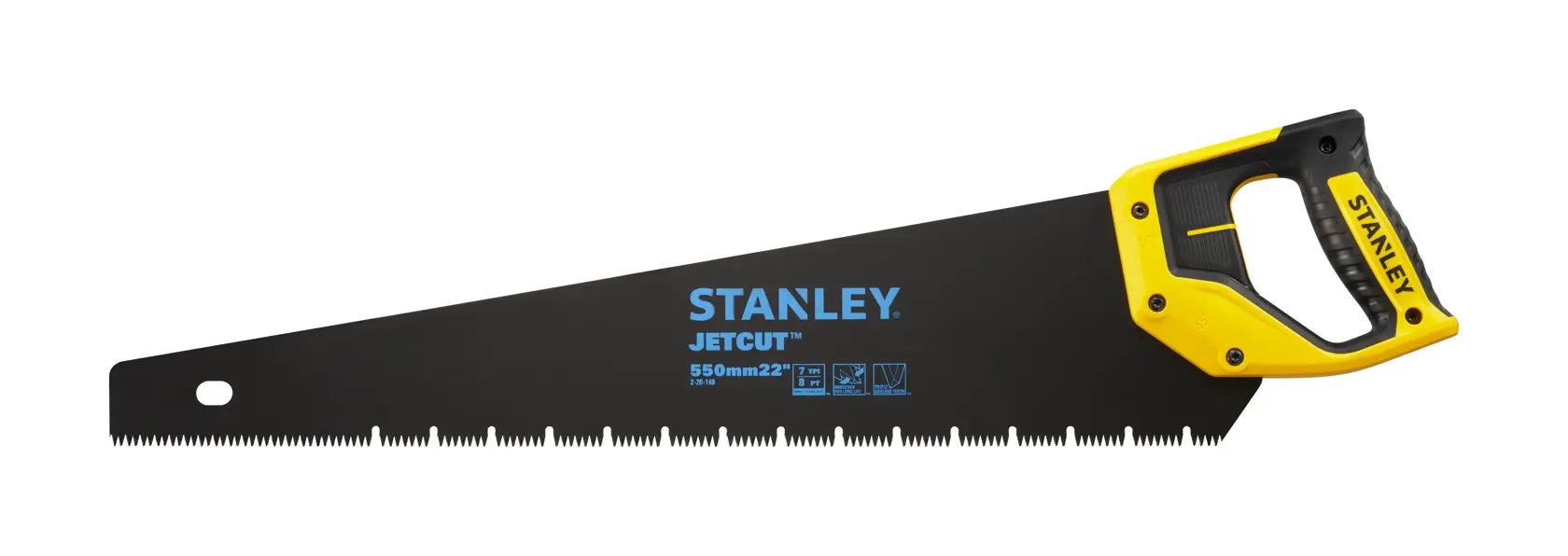 STANLEY 2-20-149 hand saw with black blade, yellow and black ergonomic handle, side view, on white background.