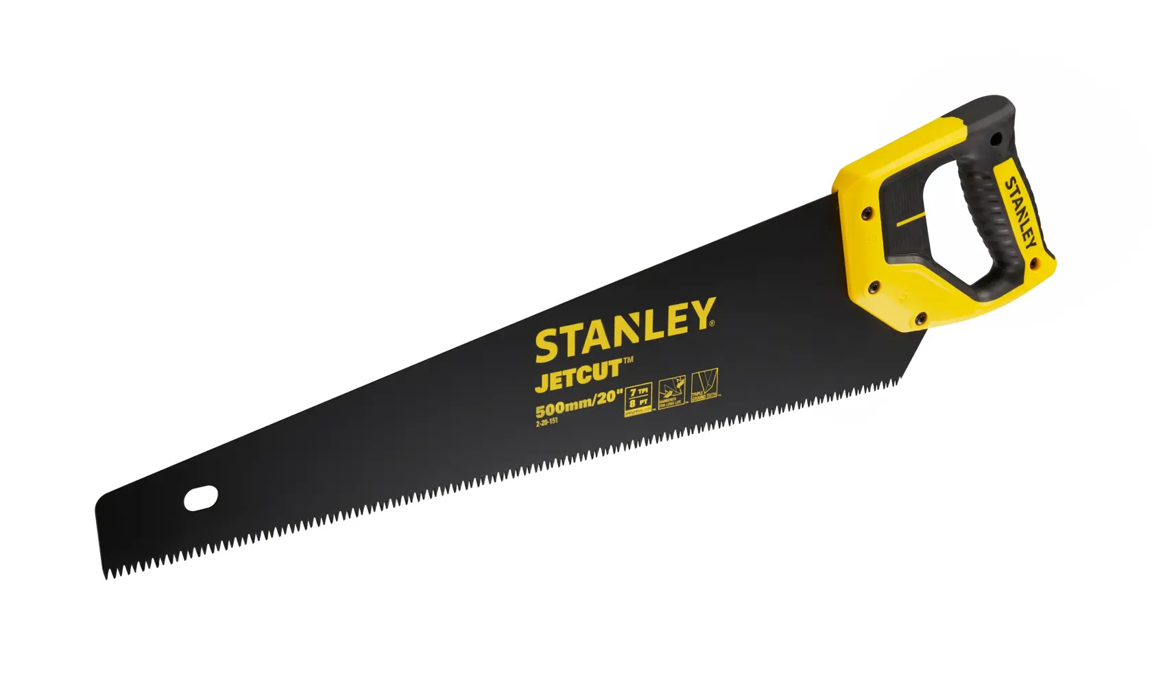 Stanley Jetcut hand saw with yellow and black handle and 500mm blade for cutting wood.