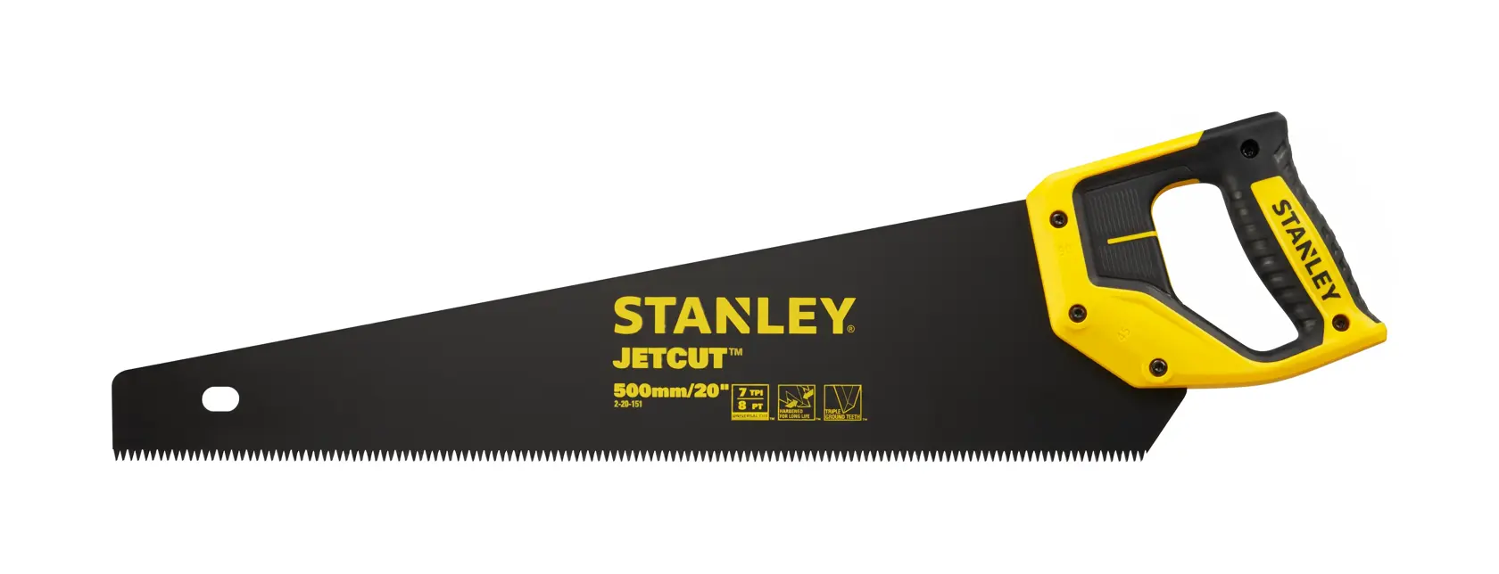 STANLEY 2-20-151 hand saw with yellow and black handle, side view on white background.