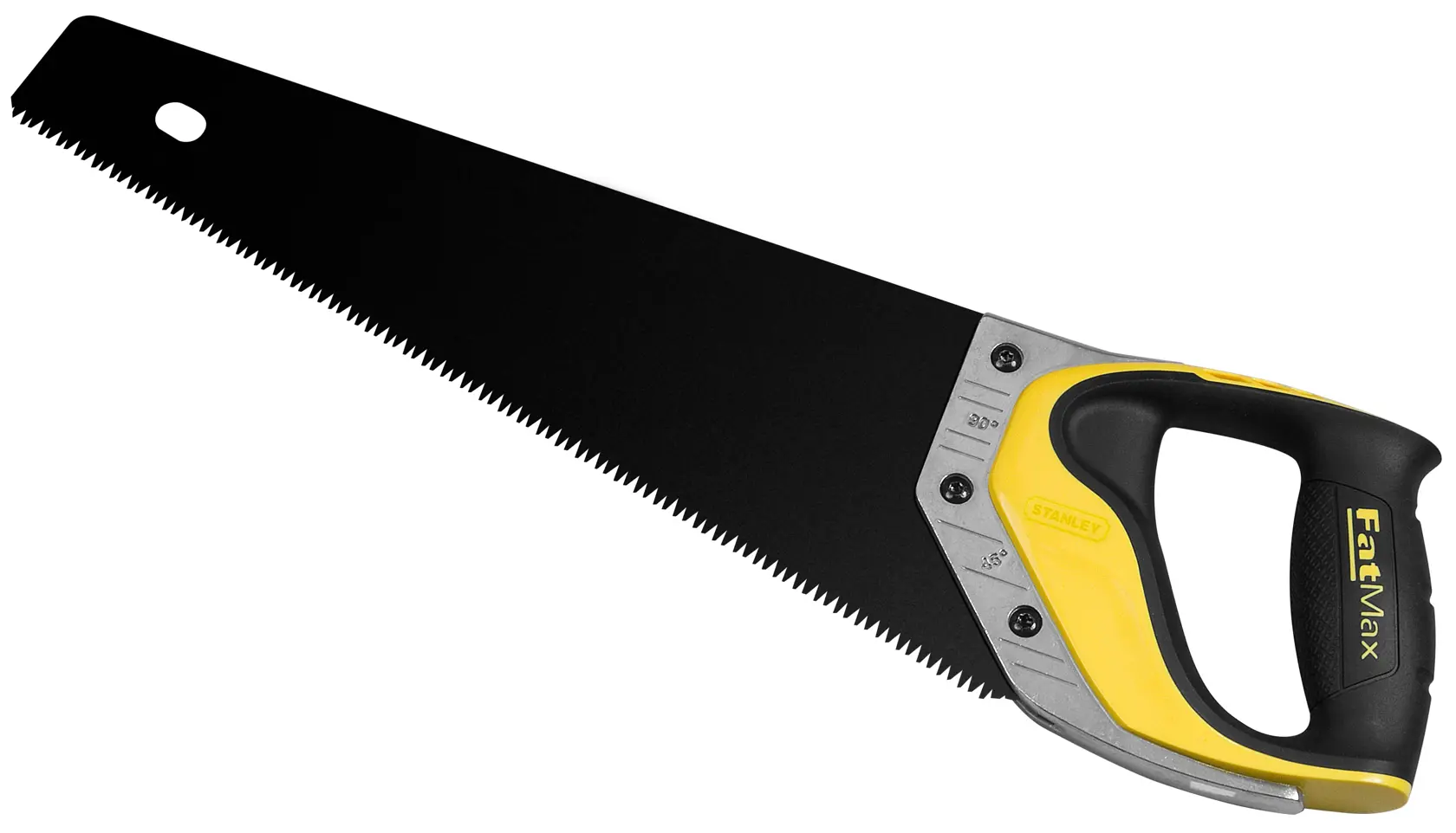 STANLEY 2-20-528 FatMax hand saw, black blade, yellow and black ergonomic handle, front angle on white background.