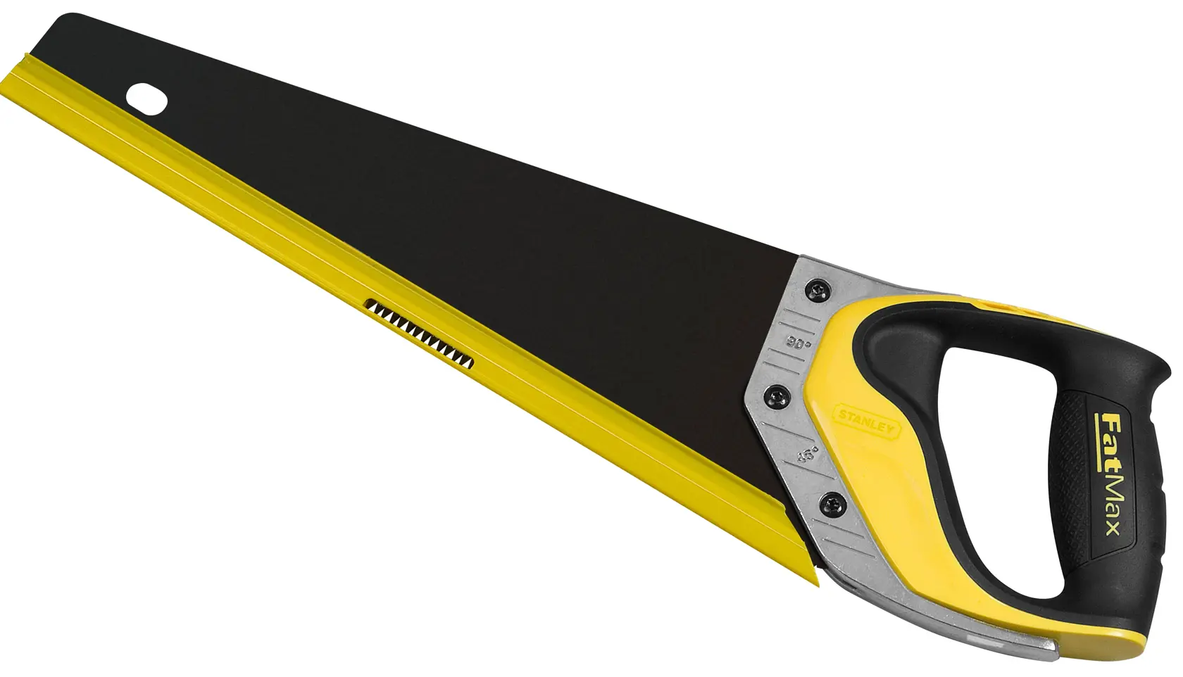 Photo of STANLEY 2-20-528 hand saw with yellow and black handle, straight blade, left side angle on white background.