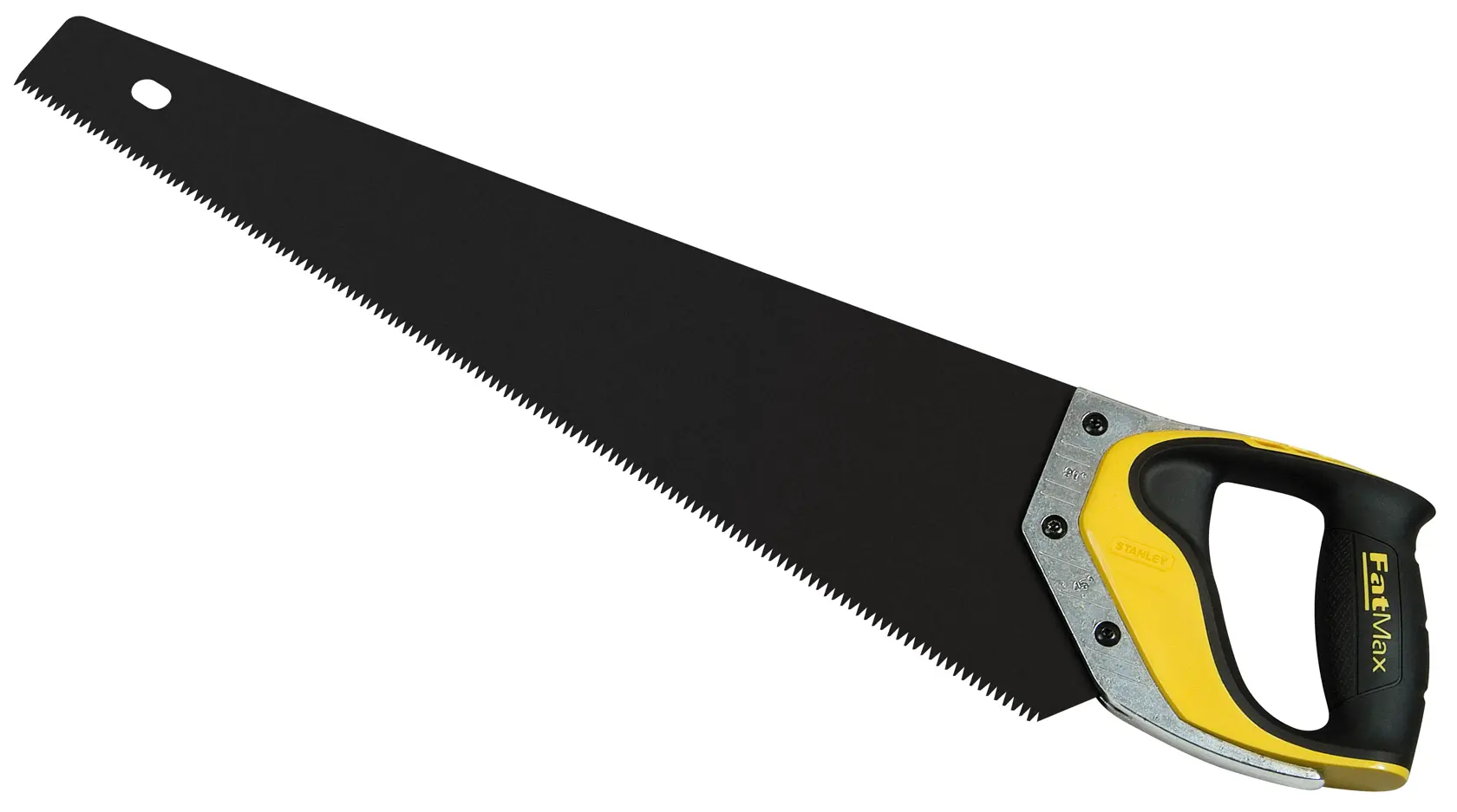 Hand saw with a black blade and yellow-black handle, suitable for cutting wood or general carpentry use.