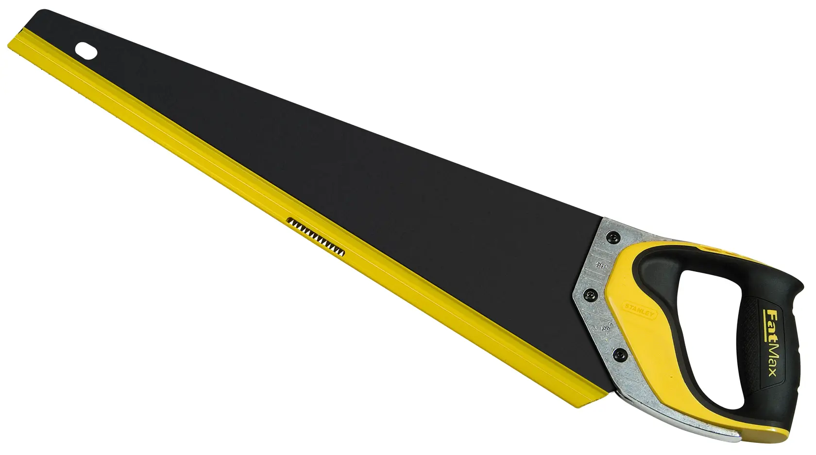 Photo of STANLEY 2-20-529 hand saw, black and yellow blade with ergonomic handle, FatMax series, side angle.