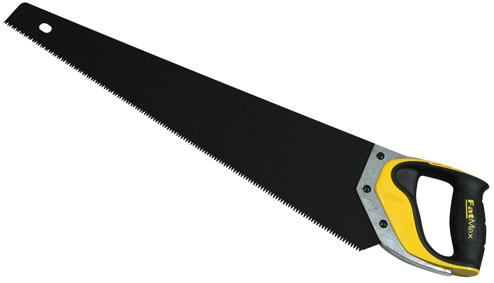 STANLEY 2-20-530 hand saw with black blade and yellow ergonomic handle, left side view, product photography.