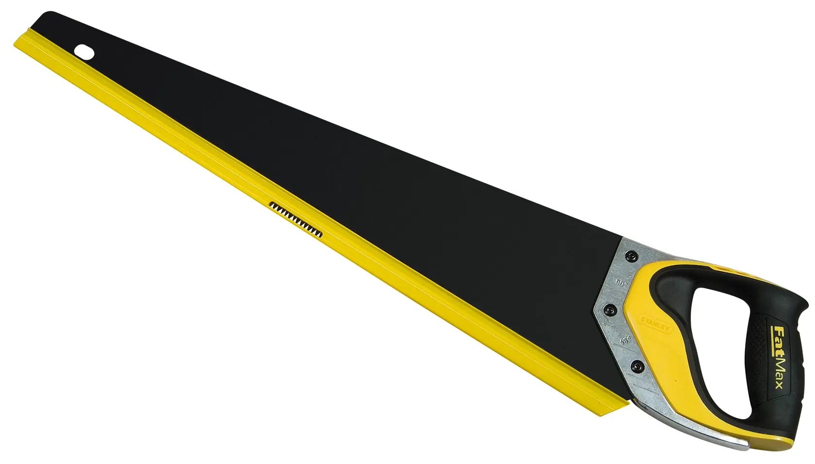 STANLEY 2-20-530 hand saw with yellow and black handle, angled studio view.